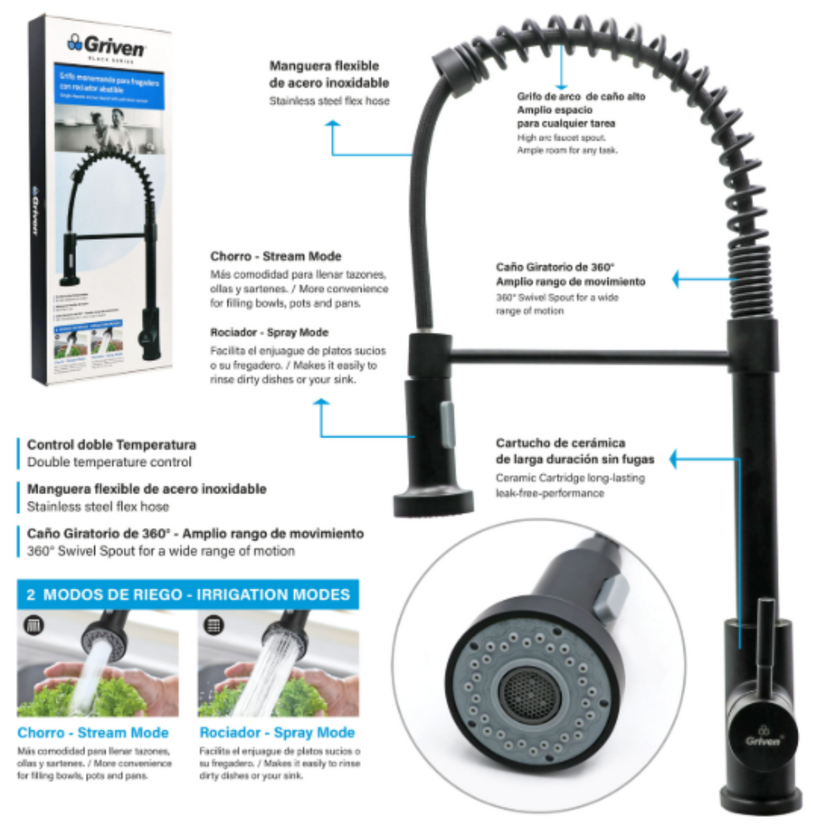 Grifo lavaplatos Industrial Negro Mate Profesional - Aqua center 